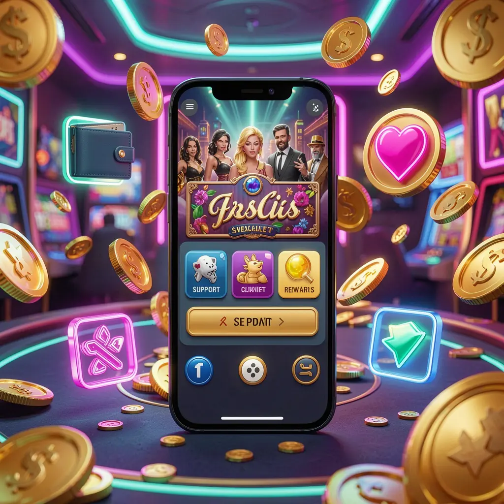 KKK9 online casino app features on a smartphone surrounded by icons for wallet, games, support, and rewards with golden coins and neon lights in a luxury 3D render