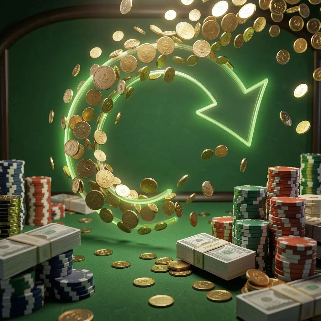 KKK9 cashback casino bonus scene featuring coins moving in a circular arrow, stacks of chips, and cash bundles with green and gold glow in a realistic 3D render