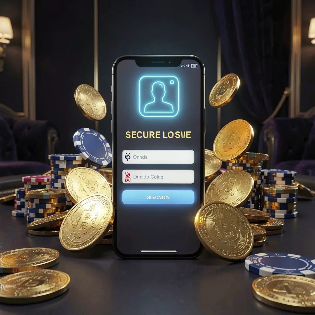 KKK9 online casino login page hero banner featuring a modern smartphone with a secure login screen, glowing user profile icon, golden coins and poker chips surrounding it on a dark luxury background
