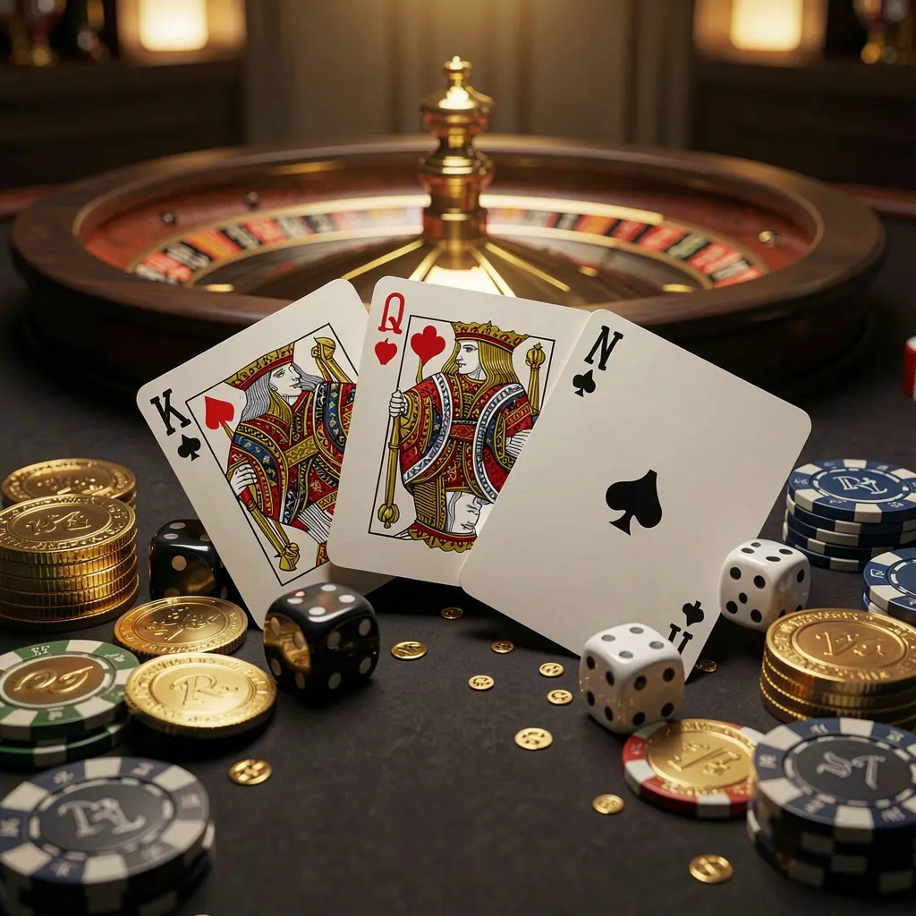 Elegant online casino homepage featuring KKK9 brand with royal flush cards, dice, golden coins, poker chips on a dark table, and a glowing roulette wheel in the background in a cinematic 3D render